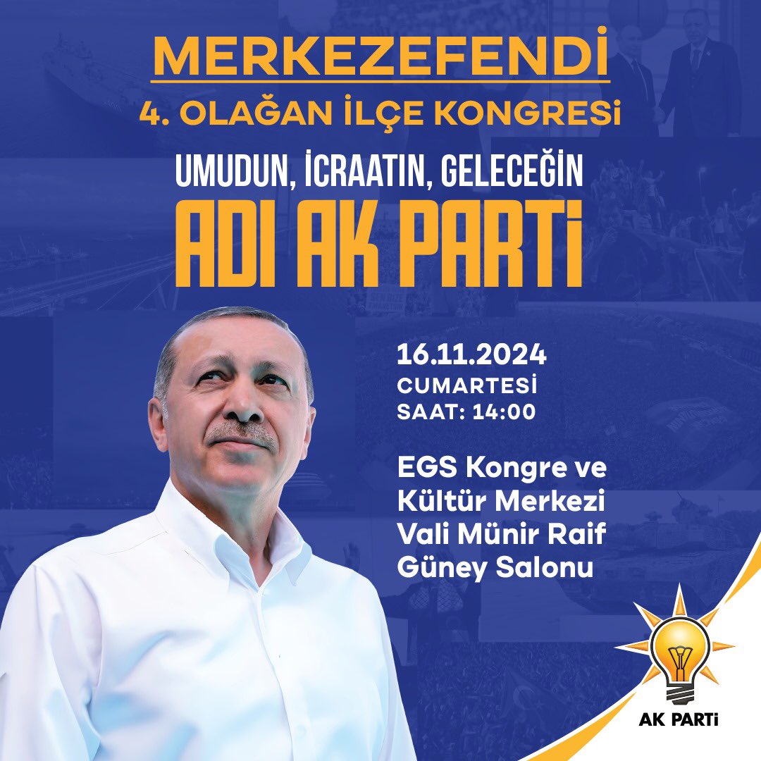 Merkezefendi 4. Olağan İlçe Kongremize davetlisiniz.

📌EGS Kongre ve Kültür Merkezi Vali Münir Raif Güney Salonu 

🗓 16.11.2024 CUMARTESİ

⏰ 14:00