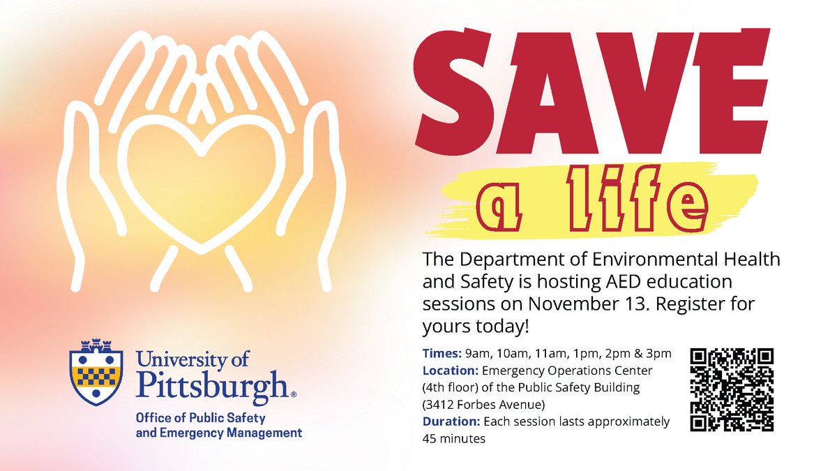Pitt Environmental Health and Safety (EH&S) (@pittehs) on Twitter photo It's not too late to register for an AED training session! Learn important lifesaving skills for free. Open to all <a href="/PittTweet/">University of Pittsburgh</a> students, faculty & staff. Join us in the Public Safety Building on Nov. 13 for one of our 6 sessions. Register at: pitt.co1.qualtrics.com/jfe/form/SV_aX… It's not too late to register for an AED training session! Learn important lifesaving skills for free. Open to all <a href="/PittTweet/">University of Pittsburgh</a> students, faculty & staff. Join us in the Public Safety Building on Nov. 13 for one of our 6 sessions. Register at: pitt.co1.qualtrics.com/jfe/form/SV_aX…