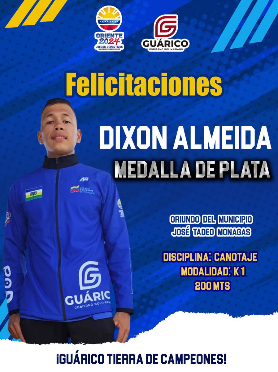 ¡Felicitaciones, campeón! 🥇 Primera medalla de oro para nuestro estado Guárico en los juegos deportivos nacionales oriente 2024. Dixon Almeida, del municipio José Tadeo Monagas, primer atleta en subirse a lo más alto del podio en la competencia más importante del país.