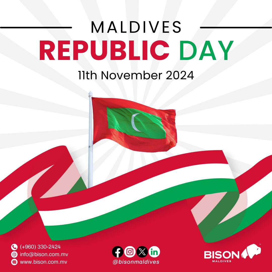 Wishing everyone a joyous 56th Republic Day. Today, we commemorate the significant milestone in the history of the Maldives when it became a republic in 1968. Let us celebrate the spirit of unity and progress that defines our nation.

#Maldives #RepublicDay #BisonMaldives