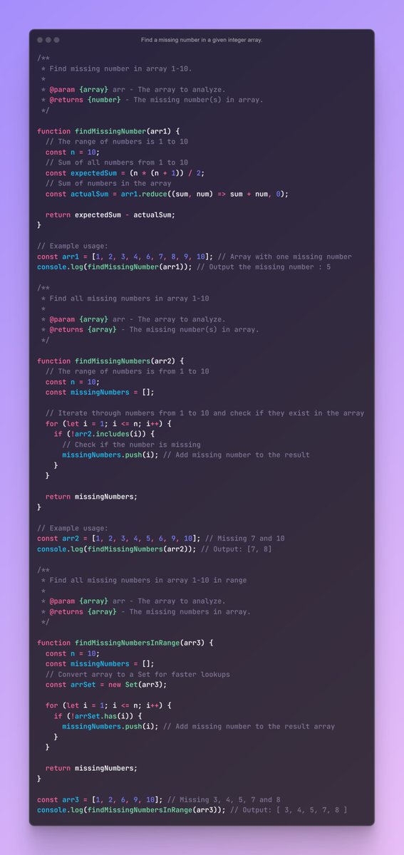 iamtazheeb's tweet image. ⚡Find missing number(s) in a given integer array.
📝 1/15 : Array & Matrix Interview Question(s):
🎯 Day 21 of 75 Days Coding Interview Question (JS)
#javascriptcode #web #javascript #programming #coding #javascriptdeveloper #interviewquestion #tazheeb #tazheeb_shamsi #codin