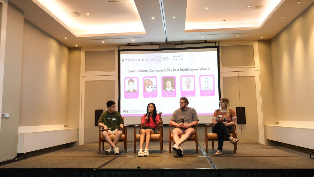 0xdeZhen's tweet photo. #DevCon #ethscale #bangkok
Nice ethscale day🤓
Some interesting things:
💛 @megaeth / make etherum great again❤️🔥/ given the security of Etherum, decentralized L2 sequencers actually takes more time and not so many benefits (it’s ok to have centralized sequencers)
💛 Panel: Preconfs and the Future of PBS / it’s nice to give users pre-confirmation about which phase their tx are in, and there are different kind of pre-confirmations
💛 Panel: Synchronous Composability in a Multi-Layer World/ @ceciliaz030 from Taiko thinks the way Unichain proceeds its own tx sounds quite like what Visa does. It’s an interesting thoughts🤓
Thanks all the speakers here. Learned more things today💪💛