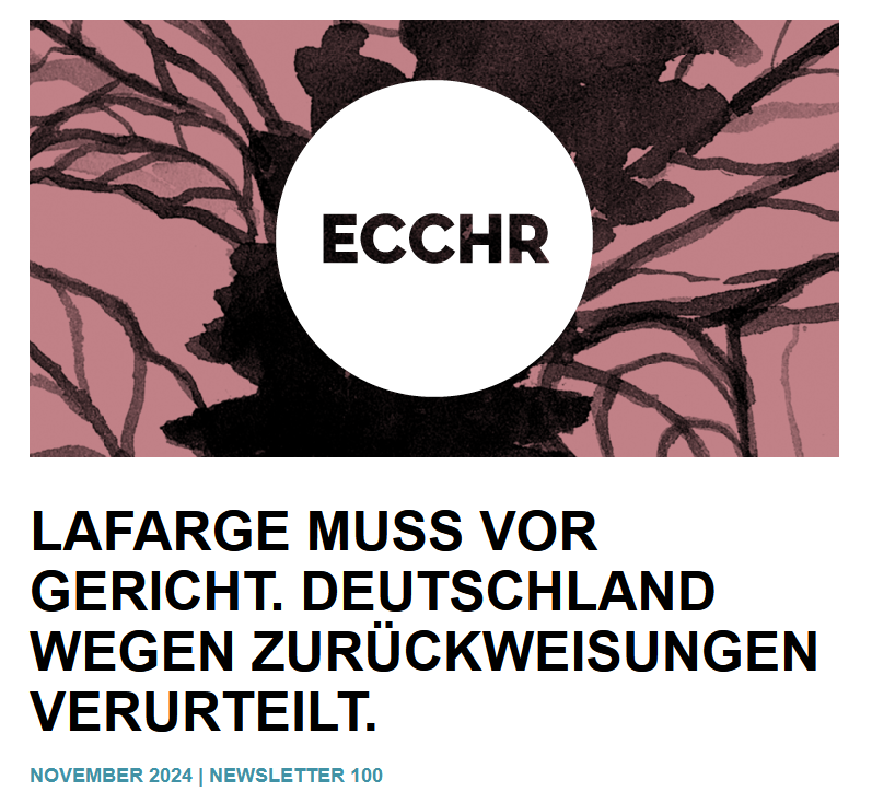 Die 100. Ausgabe des ECCHR Newsletters ging raus und passenderweise gab es zu einigen zentralen Themen unserer Arbeit wichtige juristische Entscheidungen! 
ecchr.eu/publikation/la…