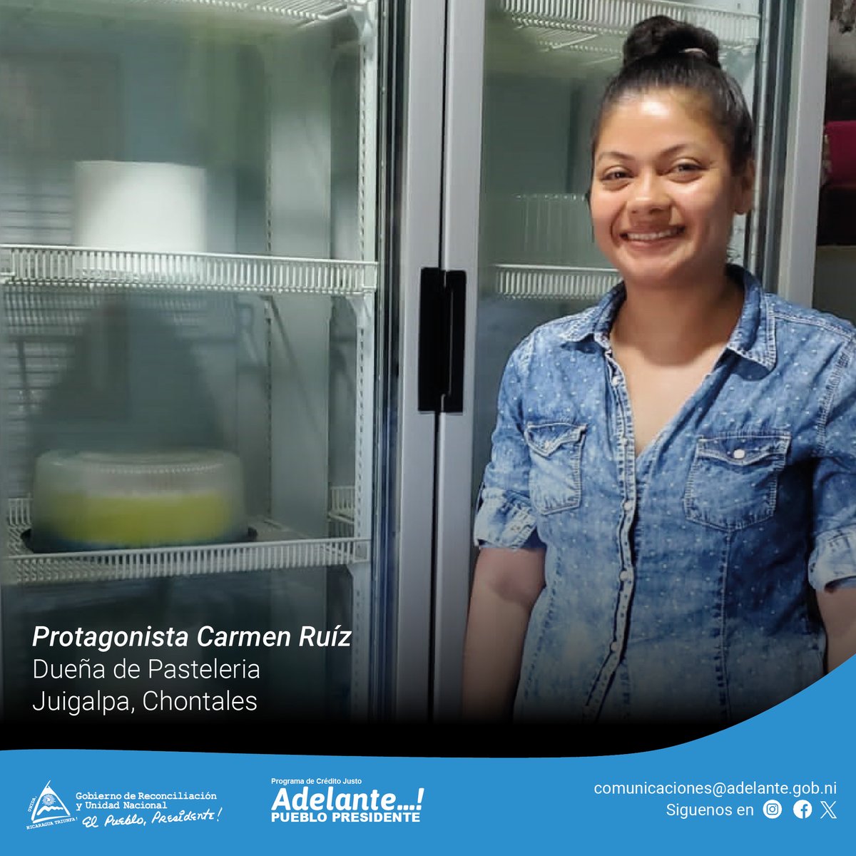 Gracias al crédito otorgado por parte del #ProgramaAdelante, la protagonista Carmen Ruiz adquirió un exhibidor - congelador lo que le ha permitido mejorar sus ventas y mantener sus productos frescos. 🎂

#DanielTiemposdeVictorias #4519LaPatriaLaRevolución #Nicaragu🔴⚫✌🇳