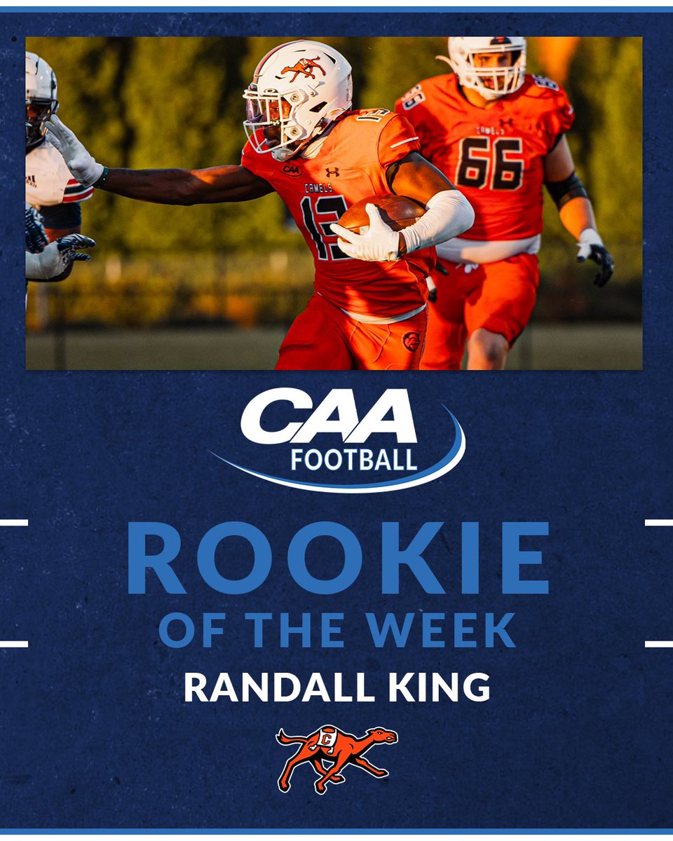 CAA Football (@caafootball) on Twitter photo π #CAAFB Rookie of the Week
Randall King contributed 147 all-purpose yards and a touchdown in <a href="/GoCamelsFB/">Campbell Football</a>'s 27-24 setback to #13 Richmond
π° tinyurl.com/yc7ctwcx π #CAAFB Rookie of the Week
Randall King contributed 147 all-purpose yards and a touchdown in <a href="/GoCamelsFB/">Campbell Football</a>'s 27-24 setback to #13 Richmond
π° tinyurl.com/yc7ctwcx