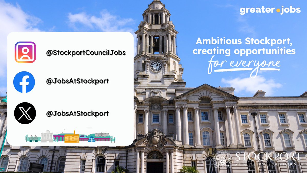 Looking for new opportunities with Stockport Council? Follow us on Instagram, Facebook and X for the latest job openings, updates and insights into life in Stockport.

Apply now - Stockport - Home | greater.jobs