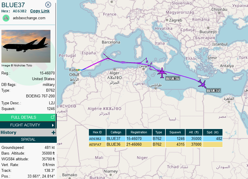 SirListenalot's tweet photo. #KC46's #BLUE36 &amp; #BLUE37 en route Rota - Prince Sultan, KSA. 36 is ahead of 37, poor tracking... 🙄 https://t.co/b4HXjmUI52