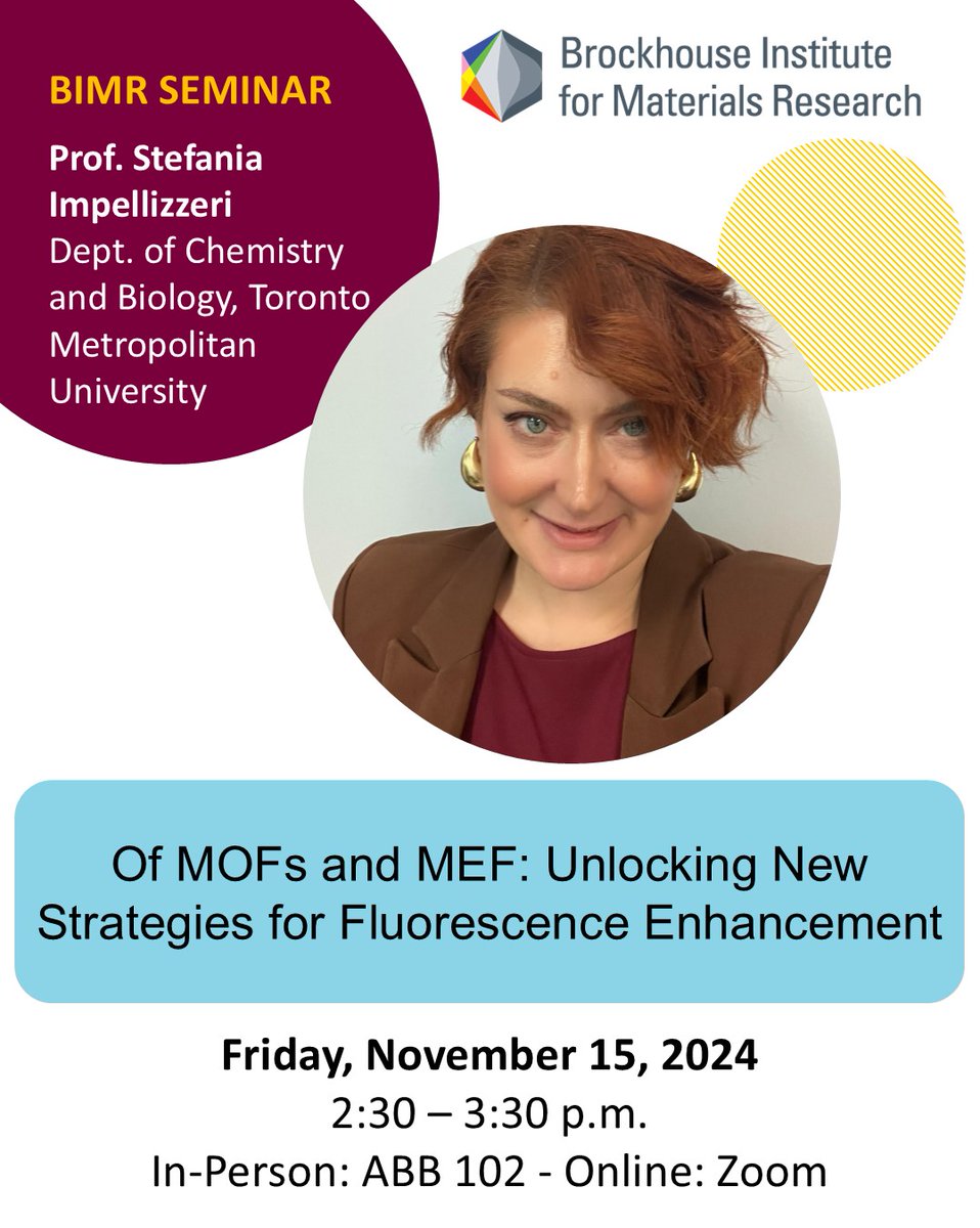 Then on Friday Nov 15 at 2.30pm, Dr. Stefania Impellizzeri from <a href="/TorontoMet/">Toronto Metropolitan University</a> will present a talk entitled “Of MOFs and MEF: Unlocking New Strategies for Fluorescence Enhancement”.  brockhouse.mcmaster.ca/events/