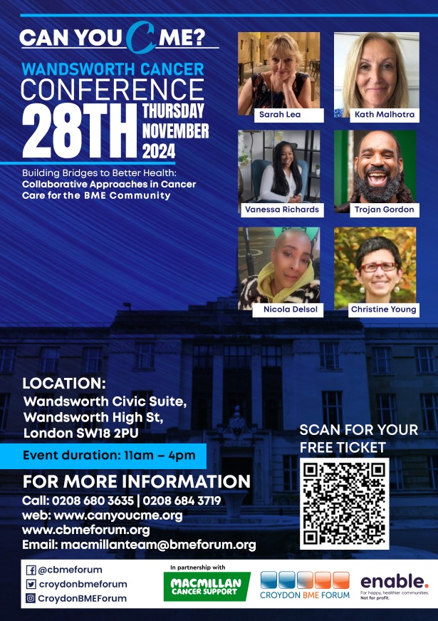 RMPartnersNHS (@rmpartnersnhs) on Twitter photo Sign up for free ‘Can you C me’ Wandsworth #cancer conference Thurs 28 November. Find out about collaborative approaches in cancer care for BME community. Register via QR code below or at: Canyoucmewandsworth.eventbrite.co.uk @croydonbmeforum <a href="/SWLNHS/">NHS South West London</a> Sign up for free ‘Can you C me’ Wandsworth #cancer conference Thurs 28 November. Find out about collaborative approaches in cancer care for BME community. Register via QR code below or at: Canyoucmewandsworth.eventbrite.co.uk @croydonbmeforum <a href="/SWLNHS/">NHS South West London</a>
