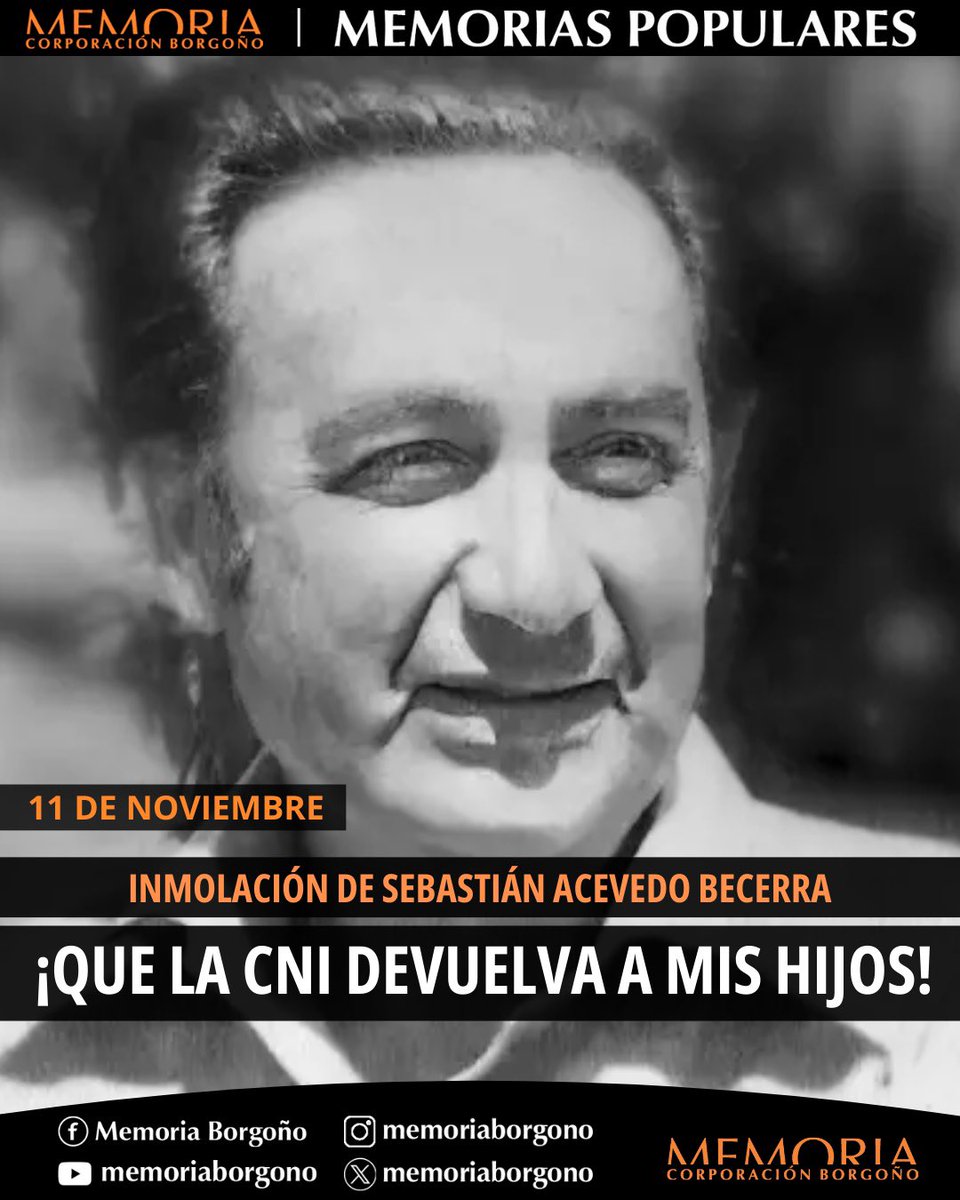 🟠 El 𝟭𝟭 𝗱𝗲 𝗡𝗼𝘃𝗶𝗲𝗺𝗯𝗿𝗲 𝟭𝟵𝟴𝟯 en Concepción, Sebastián Acevedo Becerra exigiendo que la CNI devuelva a sus hijos secuestrados, en 𝘂𝗻 𝗴𝗲𝘀𝘁𝗼 𝗲𝘅𝘁𝗿𝗲𝗺𝗼 𝗱𝗲 𝗮𝗺𝗼𝗿 𝘆  𝗷𝘂𝘀𝘁𝗶𝗰𝗶𝗮 se inmoló en llamas.