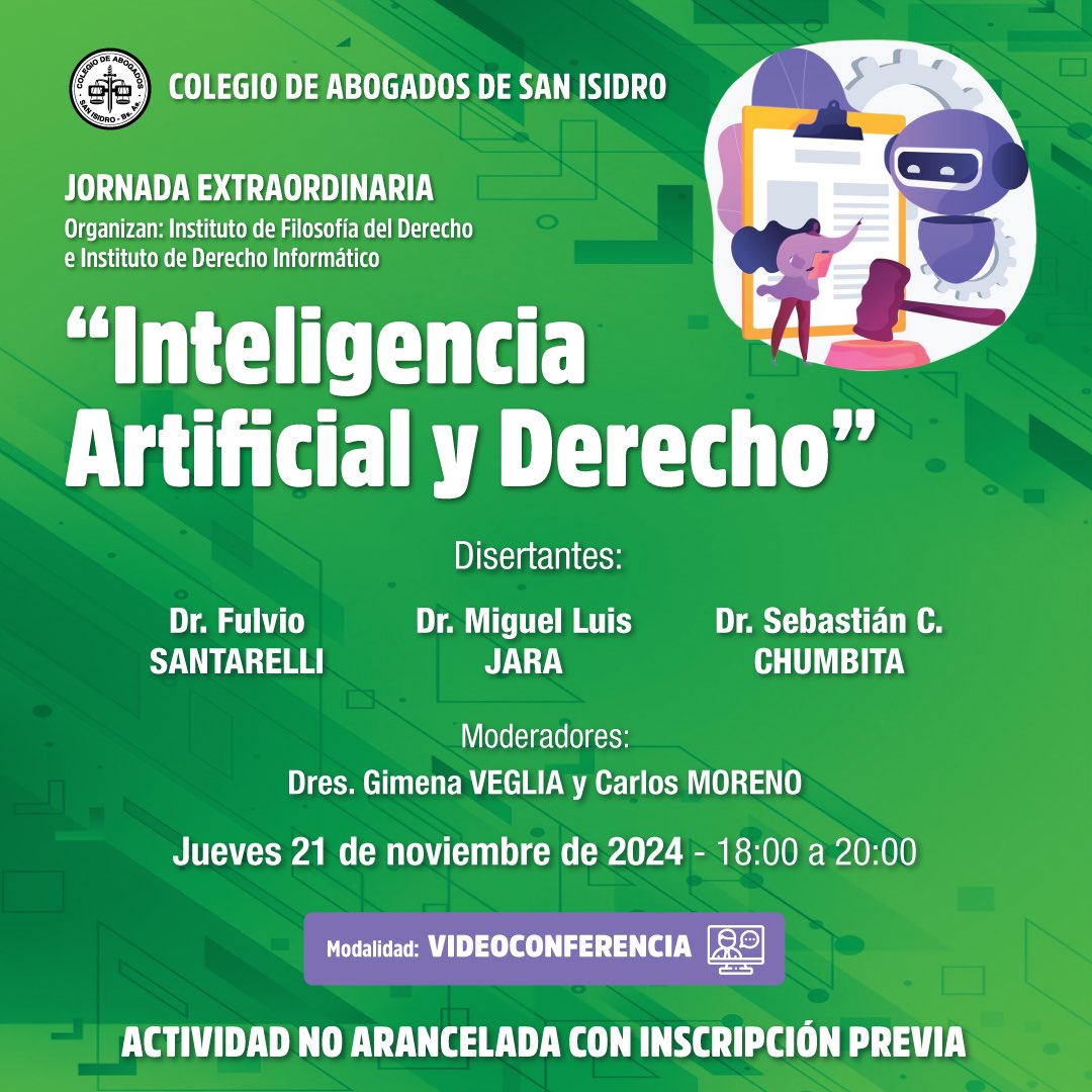 colsanisidro's tweet photo. [Jornada virtual]

🗓️ 21 de noviembre, 18:00 a 20:00

⚖️ "Inteligencia artificial y derecho"

🎙️ Dres. Fulvio Santarelli, Miguel Luis Jara y Sebastián C. Chumbita

📍 Virtual

❗Actividad no arancelada, con inscripción previa

Más información: https://t.co/xFWNaTaaBH 

#CASI https://t.co/9ftkxC9Foz