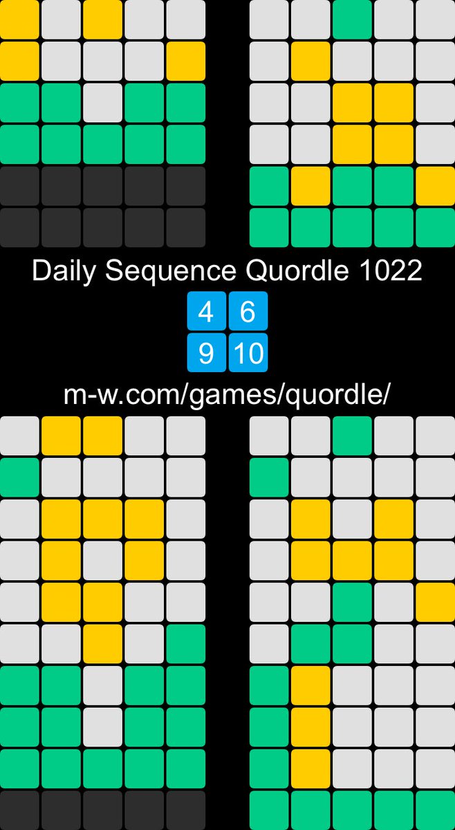birdaileen's tweet photo. Daily Sequence Quordle 1022
4️⃣6️⃣
9️⃣🔟
https://t.co/V7upxUSARY https://t.co/H6uFWWNxC7