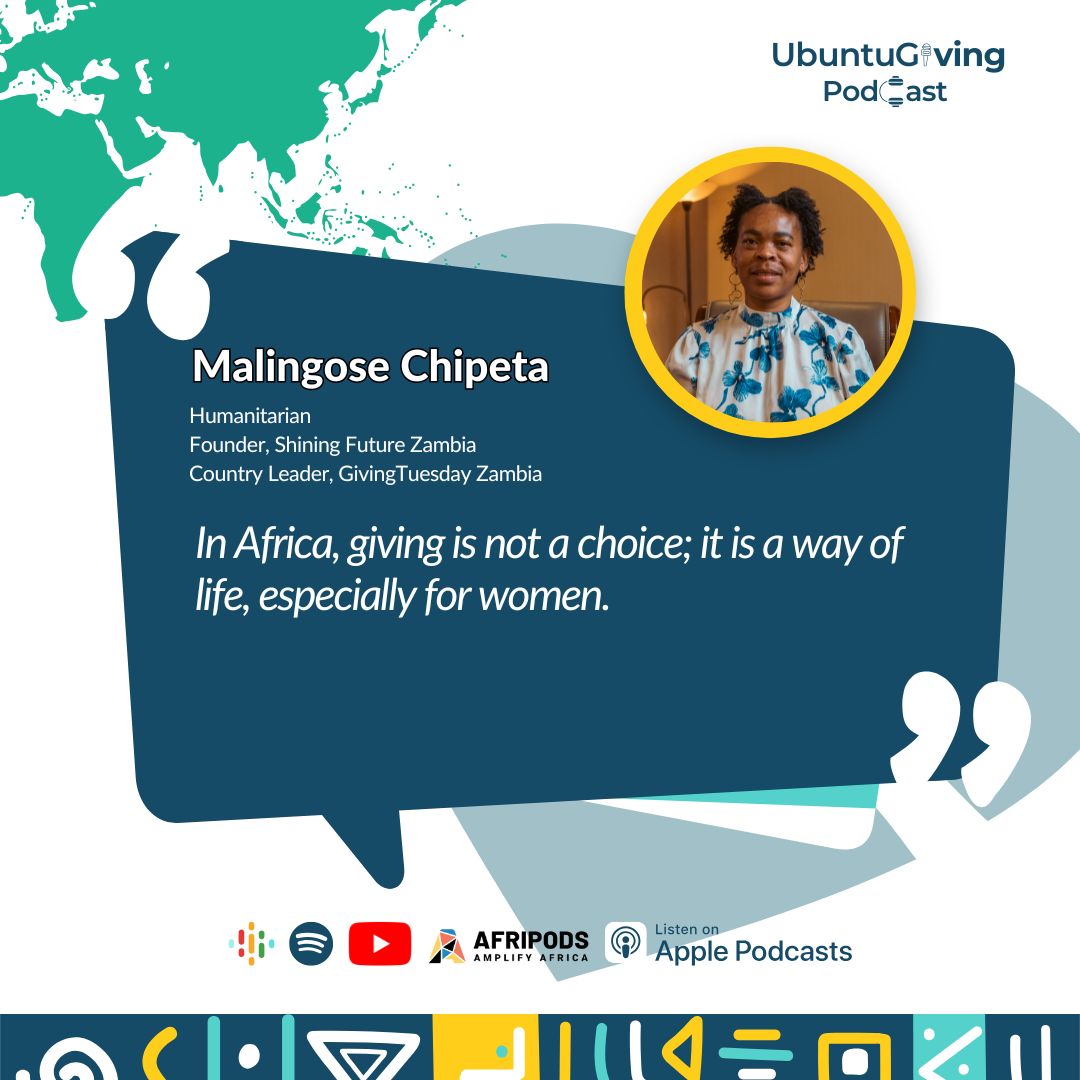 GivingTueAfrica's tweet photo. In Africa, giving is not a choice; it is a way of life, especially for women." - Malingose Chipeta, UbuntuGiving Podcast guest and Country Leader for GivingTuesday Zambia.
Listen and discover more!
πhttps://t.co/jOoynHYk8e
#UbuntuGiving #GivingTuesdayAfrica #WomenGive https://t.co/uaGUyMI7hI