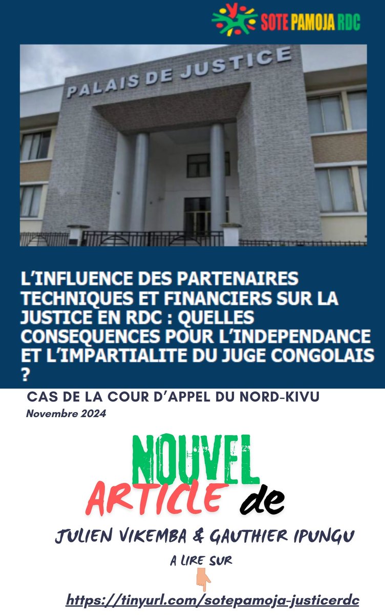 sotepamojardc's tweet photo. 🌍 Nouvel article sur SOTE PAMOJA RDC : 

"L'Influence des partenaires techniques et financiers sur la justice en RDC : Quelles conséquences pour l’indépendance et l’impartialité du Juge Congolais ?"

Les audiences foraines, soutenues par des partenaires internationaux, ont facilité l'accès à la justice dans les zones reculées de la RDC. Mais quel est l'impact de ce soutien sur l'indépendance judiciaire ? Découvrez une analyse approfondie de cet enjeu crucial pour le système judiciaire congolais.

👉 Pour en savoir plus, consultez l’article complet en format PDF ci-joint :

https://t.co/E1h8py9E6m