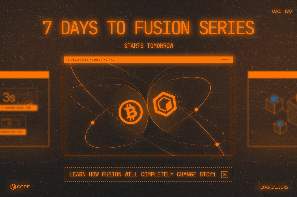 Coredao_Org's tweet photo. Tomorrow marks the beginning of our '7 Days to Fusion' content series! 🚀

Each day leading up to the Fusion Upgrade, we’ll release a content piece diving into what Fusion is and how it will completely transform BTCfi.

The biggest update in Core's history is almost here! ⚛️ 🔶