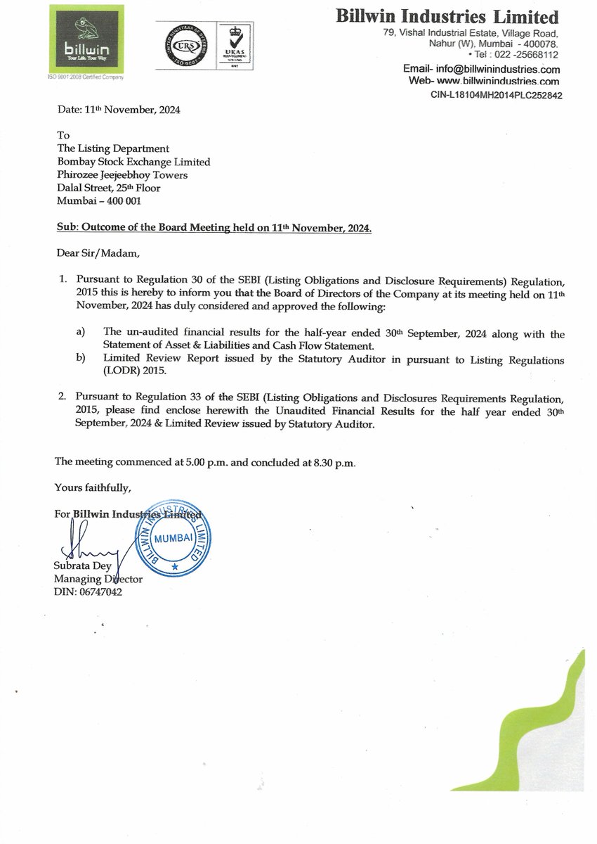 nileshkurhade's tweet photo. π Billwin Industries Ltd informed the exchange about its approval for the financial results for the half year ended September 30, 2024. #SME #BILLWIN ππ§Ύ https://t.co/kyAKkvsRGi