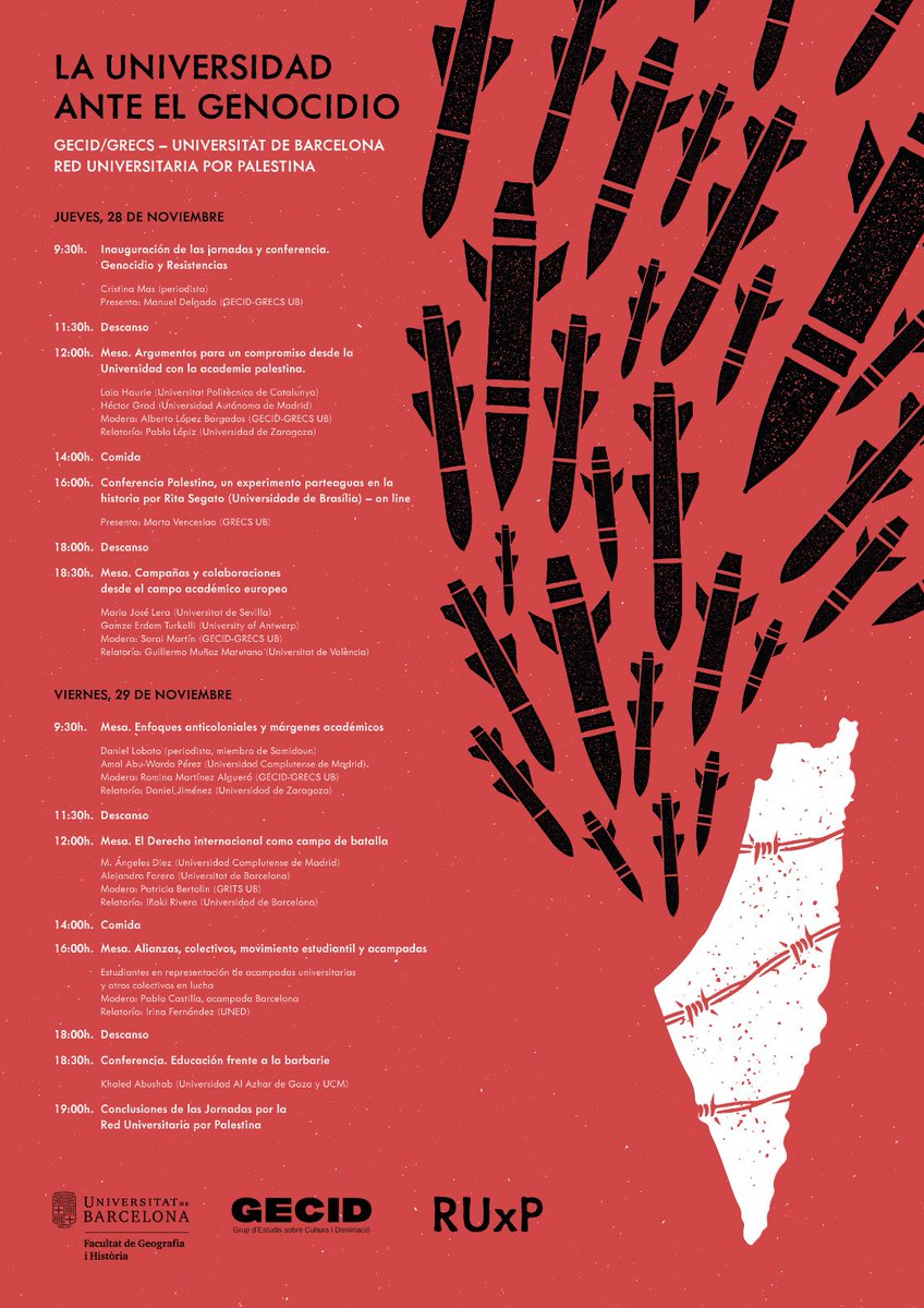 fcastvillar's tweet photo. La Universidad ante el Genocidio 

J 28 y V 29 de Noviembre 

@RedxPalestina , @_OACU , @Palestinahoy01 @JaimePalomera https://t.co/qHWzwIWYRj