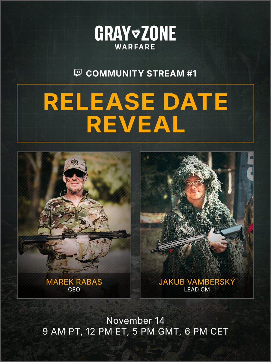 GrayZoneWarfare's tweet photo. #NightOps Release Date Stream is coming this Thursday, 6 PM CET / 12 PM ET on Twitch: https://t.co/ij2vzxmTbV

Special guest: @MarekRabas, CEO of MFG and #GrayZoneWarfare’s Creative Director  

Expect:
 🔹Night Ops release date reveal
 🔹Special guests
 🔹Q&amp;A
 🔹#GZW LAN Party https://t.co/tZX5kwHjcK