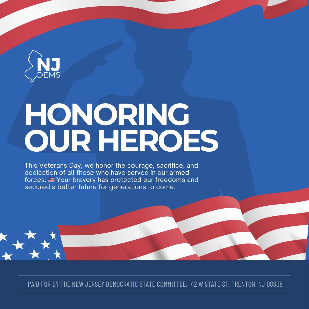 newjerseydems's tweet photo. Today, we honor our heroes who have bravely served in the military, defending our freedom and values. Their sacrifice and dedication inspire us to stand up for what is right and support one another as a community. Follow @njdems_vets to show your support for NJ Veterans. https://t.co/DKPafP4eTg