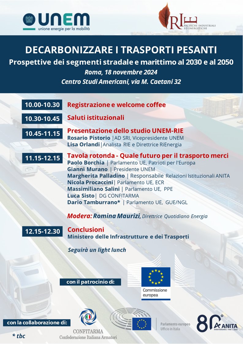 unem_it's tweet photo. Il 18 novembre, a partire dalle ore 10.30 sarà presentato lo studio #UNEM e #Rie “#Decarbonizzare i #trasporti pesanti. Prospettive dei segmenti #stradale e #marittimo al 2030 e 2050”.
Con @AnitaAssocia @Confitarma1.
Modera @RominaMaurizi
Per registrarsi https://t.co/x6gUD2Jlku https://t.co/xu6XhzK65p