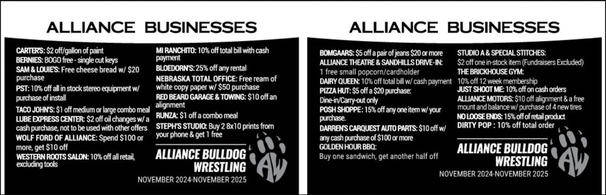 BDS_WRES's tweet photo. HEY EVERYONE!
WRESTLING CARDS GO ON SALE TONIGHT!
CARD BLITZ: 5:00-7:30
See ANY AHS WRESTLER
$ 20/Card
Check out the great deals that Alliance Businesses are providing!
GOLDEN HOUR BBQ is honoring the deal on the proof below, although they don’t appear on the card you’ll get. https://t.co/BYPsfa863b