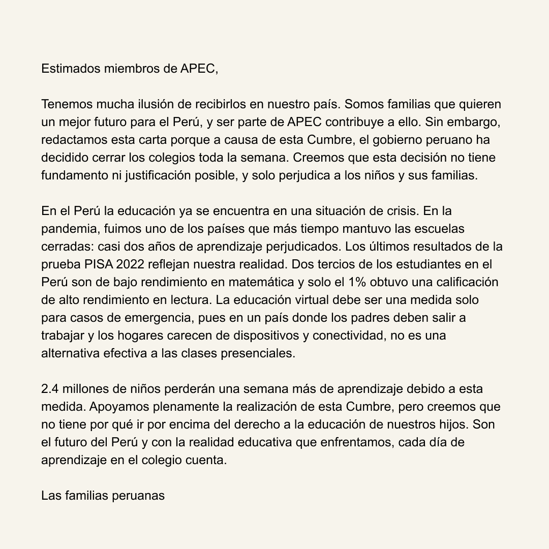 mcostach's tweet photo. ¿Podríamos hacer llegar este mensaje a las delegaciones de @apec y @apecperu? Hay que intentarlo. Tal vez así el gobierno nos escuche. https://t.co/jgQ6Z0QkcX