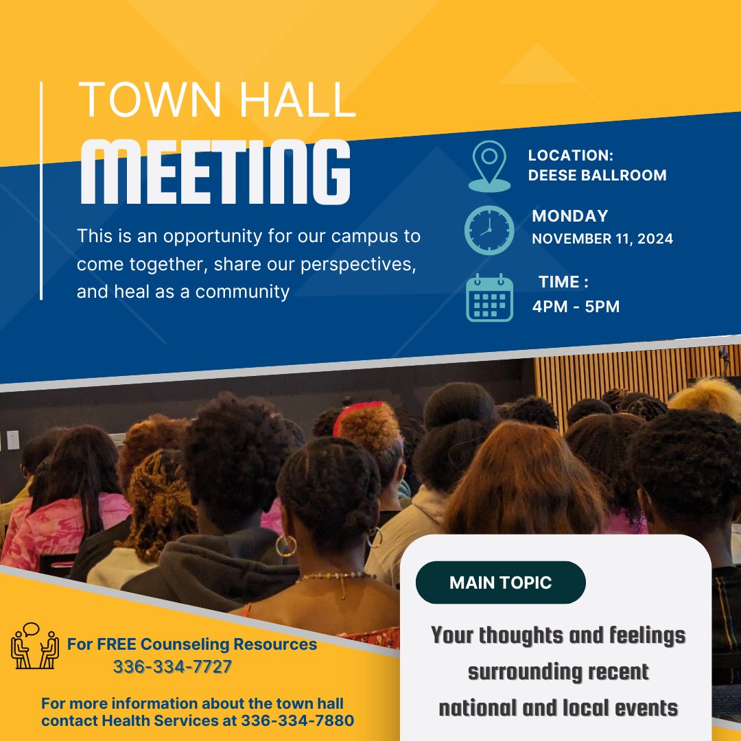 ncatshc's tweet photo. Hey Aggies! In light of recent events, the university will host a town hall meeting TODAY at 4 PM in Deese Ballroom. Whether you’d like to share your perspective on current issues or hear how others feel, we encourage you to join us! 💙

#NCATWellness #NCATSHC #ncatcounseling https://t.co/8aBKkOkdQV