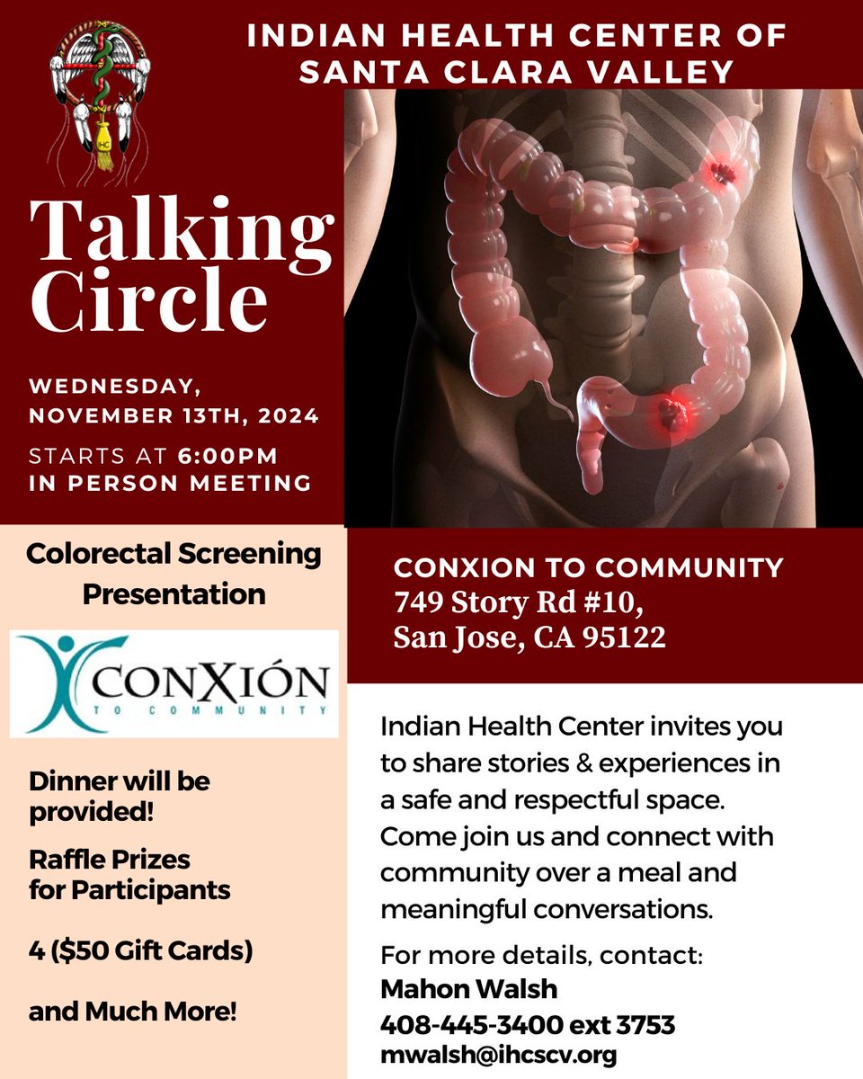 IHCSanJose's tweet image. Join us for Talking Circle on Wednesday, November 13th, 2024, at 6:00 PM. Come together, share your voice, and connect with community at 749 Story Rd #10, San Jose, CA 95122.

#IHCSanJose #TalkingCircle #CommunityHealing #NativeStrength #JoinUs #BeHeard