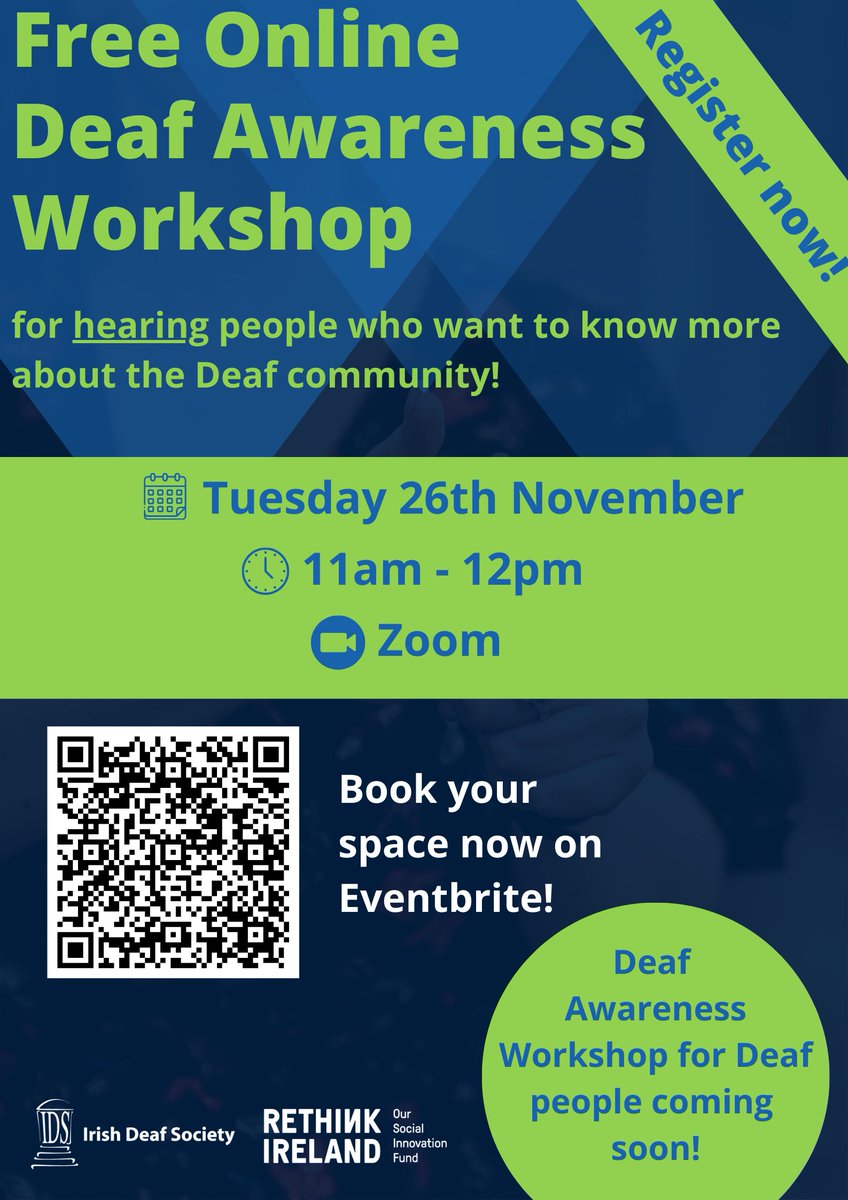 IrishDeafSoc's tweet photo. FREE Online #DeafAwareness Training Workshop for hearing people on 26 Nov 11am-12pm to learn about #DeafCommunity in Ireland!, this workshop covers ISL, Deaf culture, barriers &amp; communication tips—all guided by an experienced Deaf presenter. 

Register: https://t.co/VnBHJNRrU3 https://t.co/oPwSBXuzHT