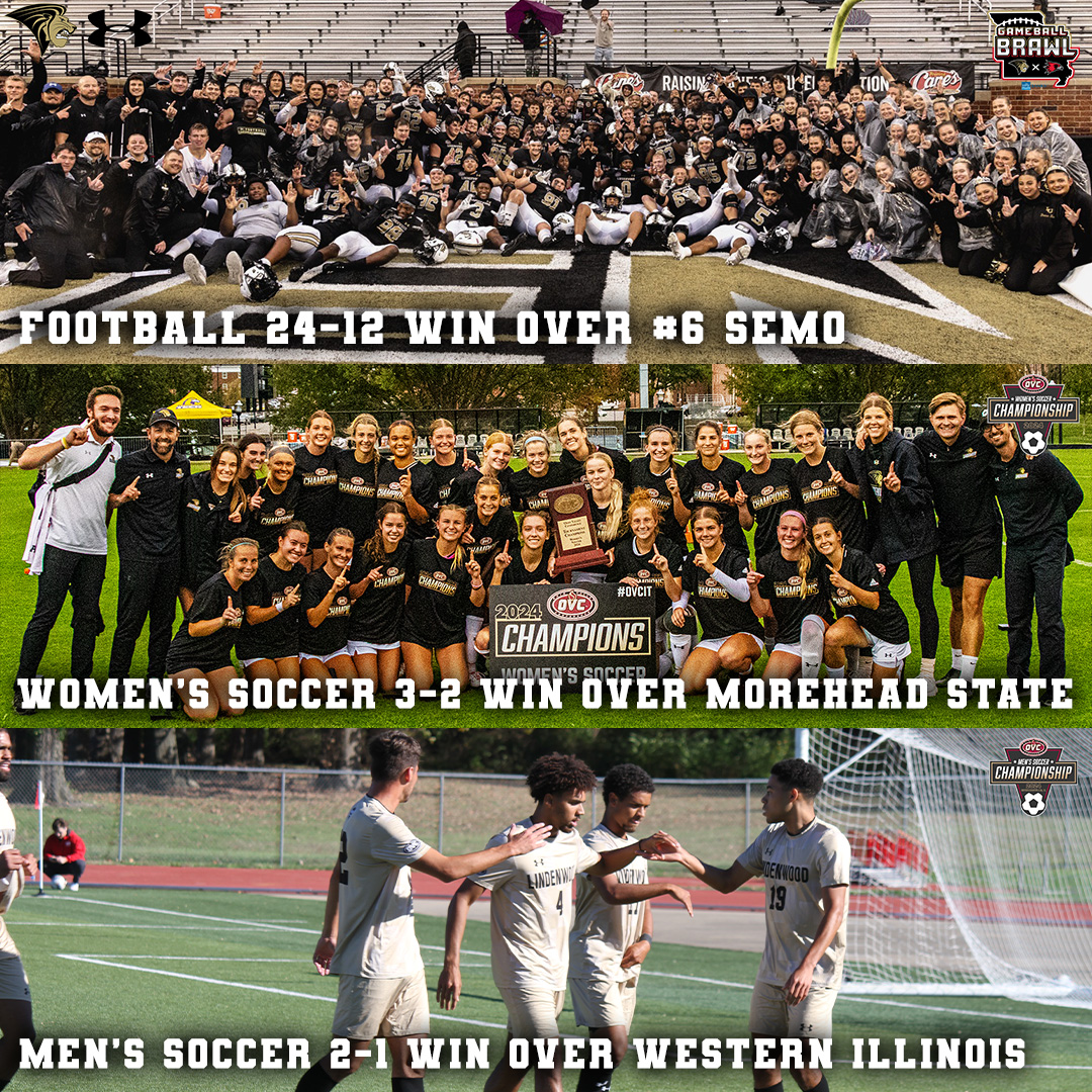𝐖𝐇𝐀𝐓. 𝐀. 𝐖𝐄𝐄𝐊𝐄𝐍𝐃!

In case you didn't #OVCit, recapping an incredible weekend for Lindenwood Athletics🦁‼️

<a href="/LindenwoodFB/">Lindenwood Football</a> 24-12 win over #6 SEMO
<a href="/LindenwoodWSOC/">Lindenwood Women's Soccer</a> claimed first OVC Title
<a href="/LindenwoodMsoc/">LindenwoodMSOC</a> moves to OVC semifinals

#NewLevel | #OneRoar