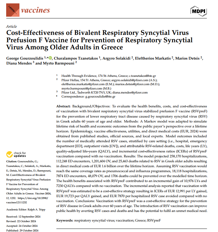 gourzou_7's tweet image. #Publication Alert: #Happy to share our most recent, #open-access publication ”#Cost-Effectiveness of Bivalent Respiratory Syncytial Virus Prefusion F Vaccine for #Prevention of Respiratory Syncytial Virus Among Older Adults in #Greece ” in @Vaccines_MDPI @MDPIOpenAccess