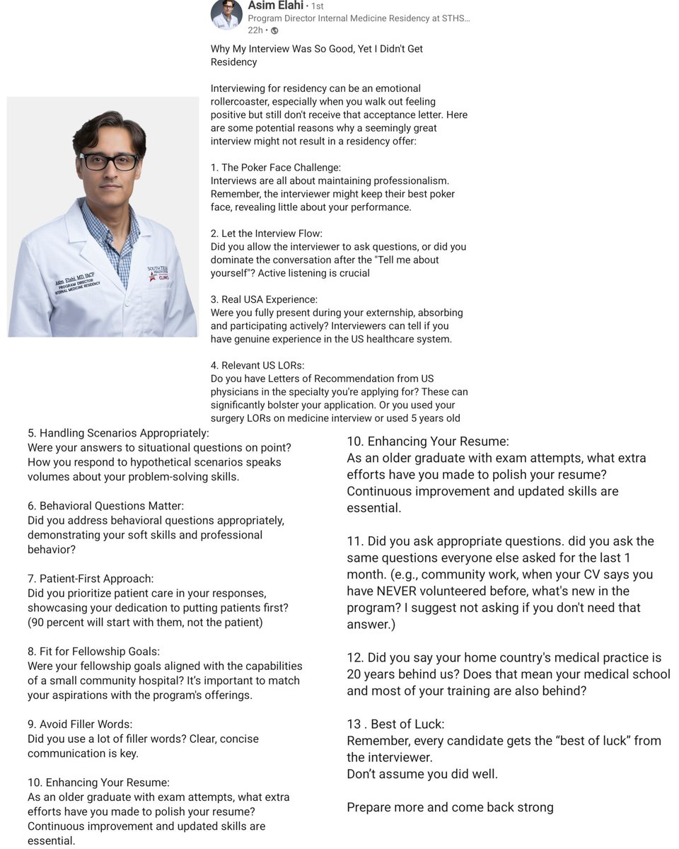 𝗠𝗔𝗧𝗖𝗛 𝟮𝟬𝟮𝟱 𝗔𝗣𝗣𝗟𝗜𝗖𝗔𝗡𝗧𝗦:📢📢
One of the best threads on DO's and Don'ts of Residency Interviews and it's impact of Rank Order List by Dr Asim Elahi, IM, PD STHS GME Consortium Allen Texas.

#Match2025 #MedTwitter #MedEd #Unmatched #USMLE #ECFMG #InsideTheMatch