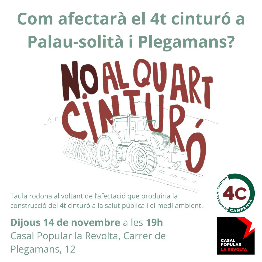 Voleu saber quins serien els efectes del 4rt Cinturó al nostre poble? Doncs les companyes de la <a href="/Campanya_ccqc/">Campanya Contra el 4t Cinturó</a> vindran dijous i en parlarem.