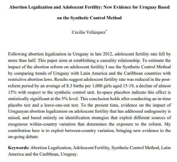 CEDLAS's tweet photo. 📢 Nuevo documento de trabajo del CEDLAS estudia qué pasó con la fecundidad adolescente en Uruguay tras la legalización del aborto, utilizando el Método de Control Sintético. 
Abrimos 🧵👇
[1/9] https://t.co/TxuI8AqjRB