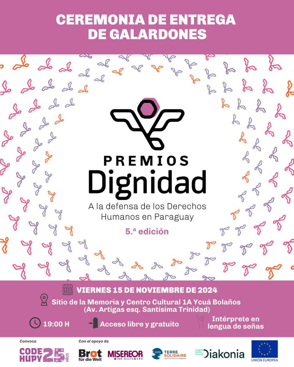 ✨ ¡Celebremos la lucha por los derechos humanos en Paraguay! ✨

🙌 Este 15 de noviembre, a las 19:00 h, te invitamos a la quinta edición de los Premios Dignidad 🏆, en el Sitio de la Memoria y Centro Cultural 1A Ycuá Bolaños (Av. Artigas esq. Santísima Trinidad).