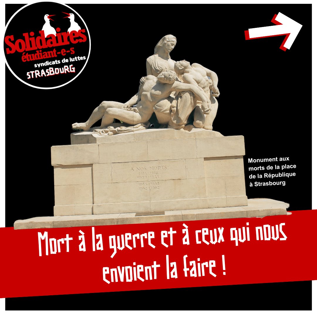 SESL_Strasbourg's tweet photo. ⚫ Aujourd'hui, le temps est à la commémoration et au souvenir.
Au souvenir de ceux qui sont morts, 
Au souvenir des causes de leur mort, 
Au nom de quoi ils ont été sacrifiés.

📢Pas de guerre entre les peuples !
📢Pas de paix entre les classes ! https://t.co/pMgqXXDxsg