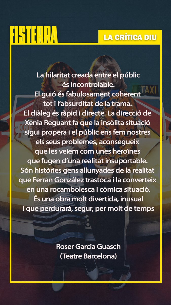 📝La crítica diu sobre #Fisterra:
"La hilaritat creada entre el públic és incontrolable"
Gràcies Roser😍 <a href="/BarcelonaTeatre/">Teatre Barcelona</a>
Una comèdia delirant de <a href="/gon_ferran/">ferran.gon</a>
Dir. <a href="/ReguantXenia/">Xenia Reguant Contreras</a>
Amb @martatomasa1 i @gemmamart82
📆 De dx a dss a les 20h 
Dge a les 18h  
🎟salaversusglories.cat
