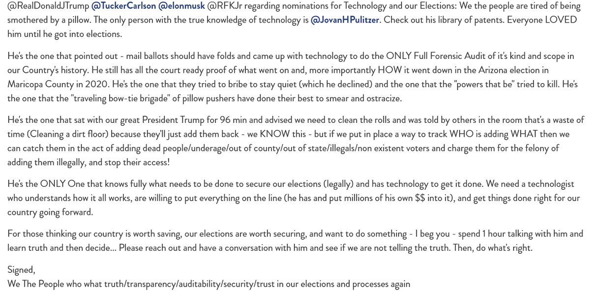 smithcr01's tweet photo. @realDonaldTrump @elonmusk @TuckerCarlson @RobertKennedyJr
Please take 1 minute to read my post - I had to SS it because too long for 240 characters.
#FaithInElectionsAgain #MakeElectionsSecureAgain #MakeElectionsTrustedAgain #SecureMyVote #StopTheMaladministration https://t.co/pGAfFgMAj1