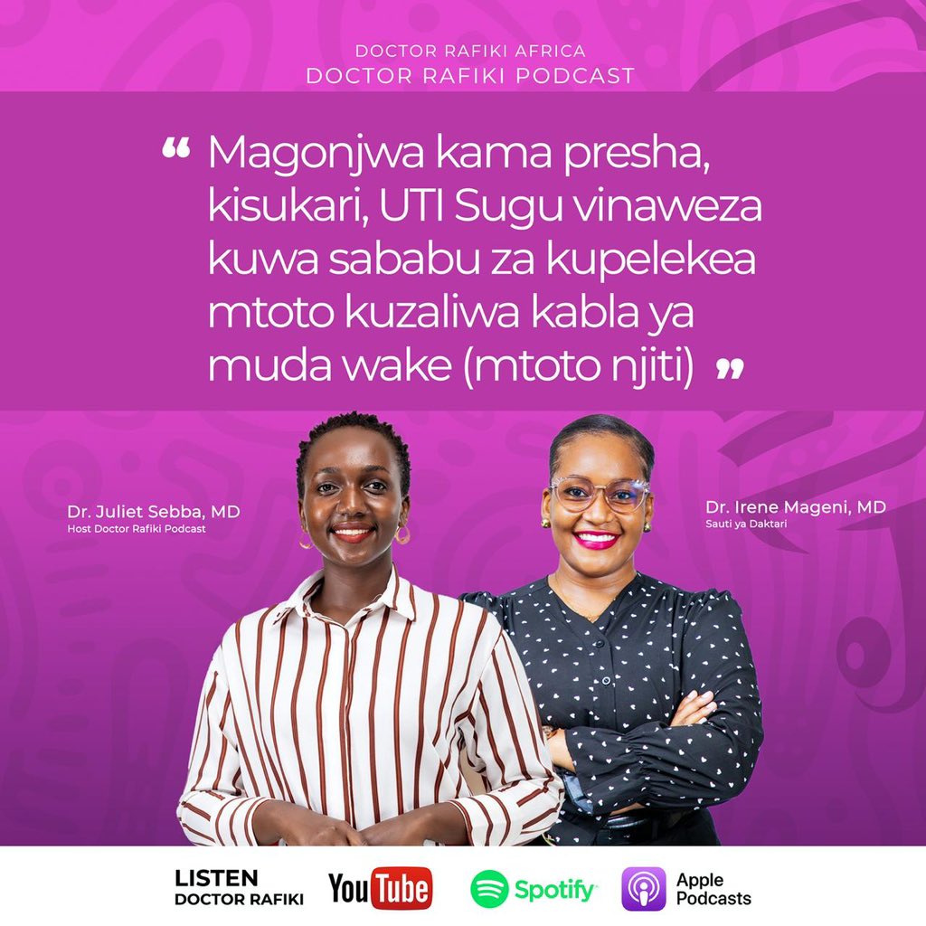 Julieth Sebba Bilakwate, MD (@juliethsebbamd) on Twitter photo Ziko sababu mbalimbali zinazoweza kupelekea mama kujifungua kabla ya wakati, yaan mtoto njiti.
Ili kuzijua zaidi karibu usikilize podcast ya <a href="/DoctorRafiki/">Doctor Rafiki Africa</a> wiki hii tukijadili swala zima la mtoto njiti.
Link; youtu.be/pQABsN1xiw8?si…
#Doctorrafiki
#Prematurebaby Ziko sababu mbalimbali zinazoweza kupelekea mama kujifungua kabla ya wakati, yaan mtoto njiti.
Ili kuzijua zaidi karibu usikilize podcast ya <a href="/DoctorRafiki/">Doctor Rafiki Africa</a> wiki hii tukijadili swala zima la mtoto njiti.
Link; youtu.be/pQABsN1xiw8?si…
#Doctorrafiki
#Prematurebaby