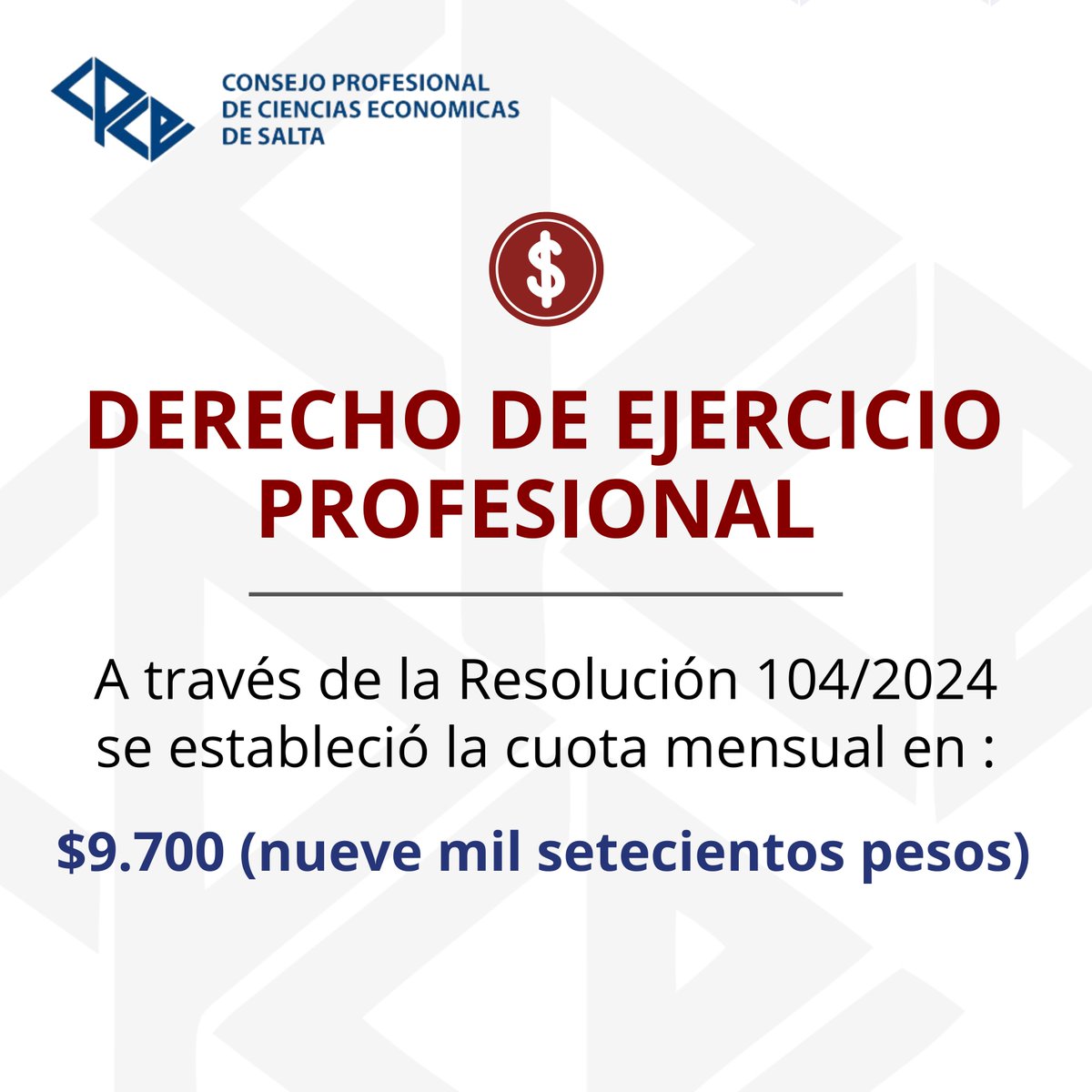 👉VALOR DEL DEP NOVIEMBRE 2024

A través de la Resolución 104/2024 se estableció la cuota mensual por
Derecho de Ejercicio Profesional en Pesos nueve mil setecientos ($9700). 
Más información: consejosalta.org.ar/2024/11/valor-…