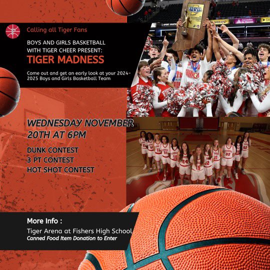 Annual Tiger Madness Event is Next Wednesday November 20th in the main gym!

Entry: Canned Food Item for local charity!

Come support a good cause and celebrate the start of the Basketball season!