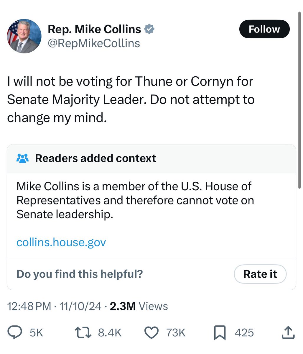 ArtCandee's tweet photo. It’s bad enough that House Rep. Mike Collins doesn’t know that he can’t vote for the Senate Majority Leader, but the 73k people who liked this post don’t know that either.

This is why America doesn’t stand a chance. https://t.co/sHm8d8QuCs