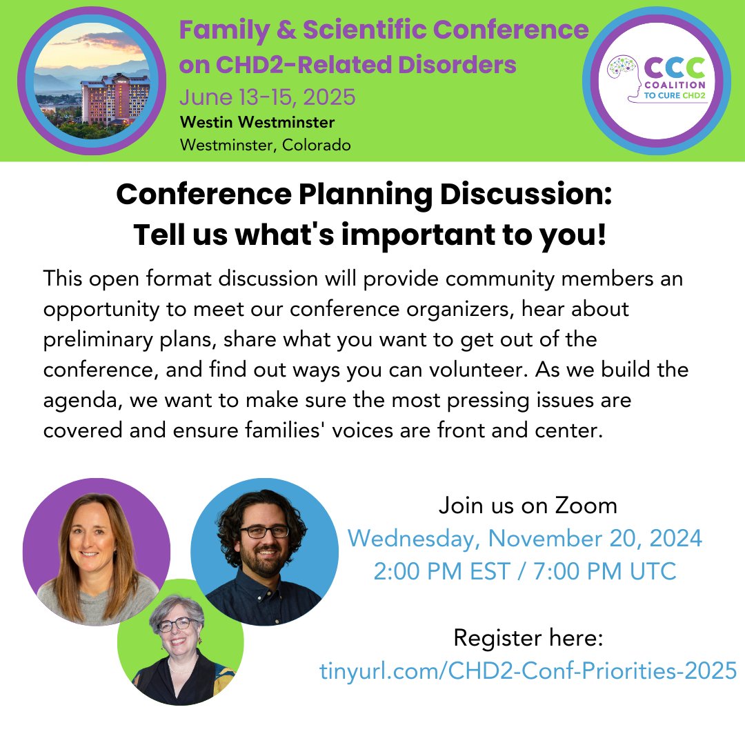 Join us on Nov 20 @ 2pm ET for a Family &amp; Scientific Conference Planning Discussion: Tell us what's important to you!
When: Wednesday, November 20, 2024 | 2:00 PM EST / 7:00 PM UTC
Register here: tinyurl.com/CHD2-Conf-Prio…