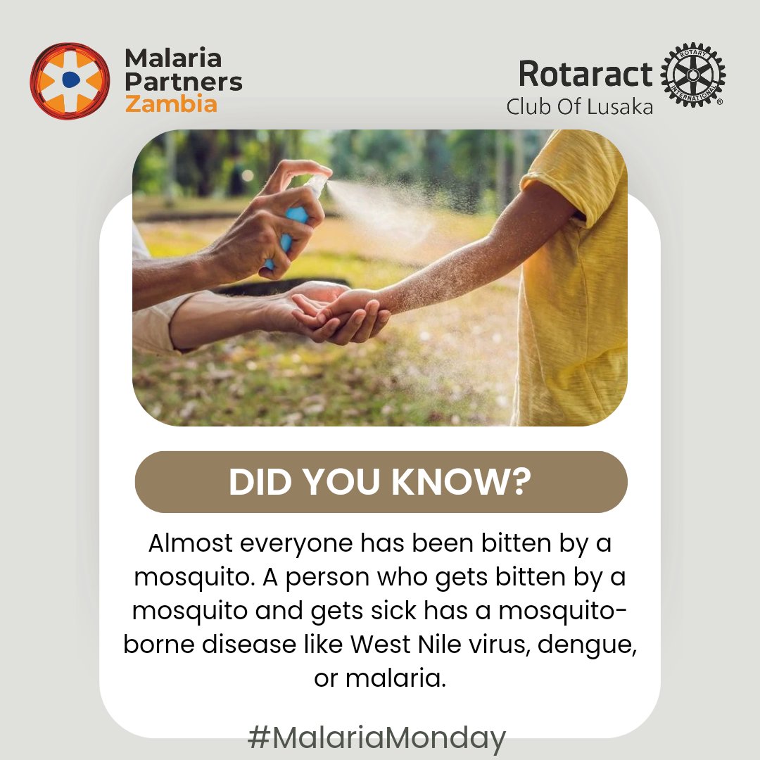 LusakaRotaract's tweet photo. DID YOU KNOW? 🦟
Almost everyone has been bitten by a mosquito, but some bites can lead to serious mosquito-borne diseases like West Nile virus, dengue, or malaria. 
Stay informed and stay safe! 

#MalariaMonday #MosquitoAwareness https://t.co/HZOXQ5oBj7