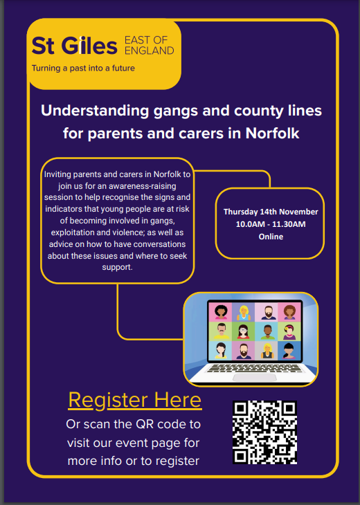 St Giles are holding a online awareness session for parents and carers in Norfolk to help recognise the signs and indicators that young people are at risk of becoming involved in gangs, exploitation and violence.

When: Thursday 14th November at 10am 

eventbrite.co.uk/e/understandin…