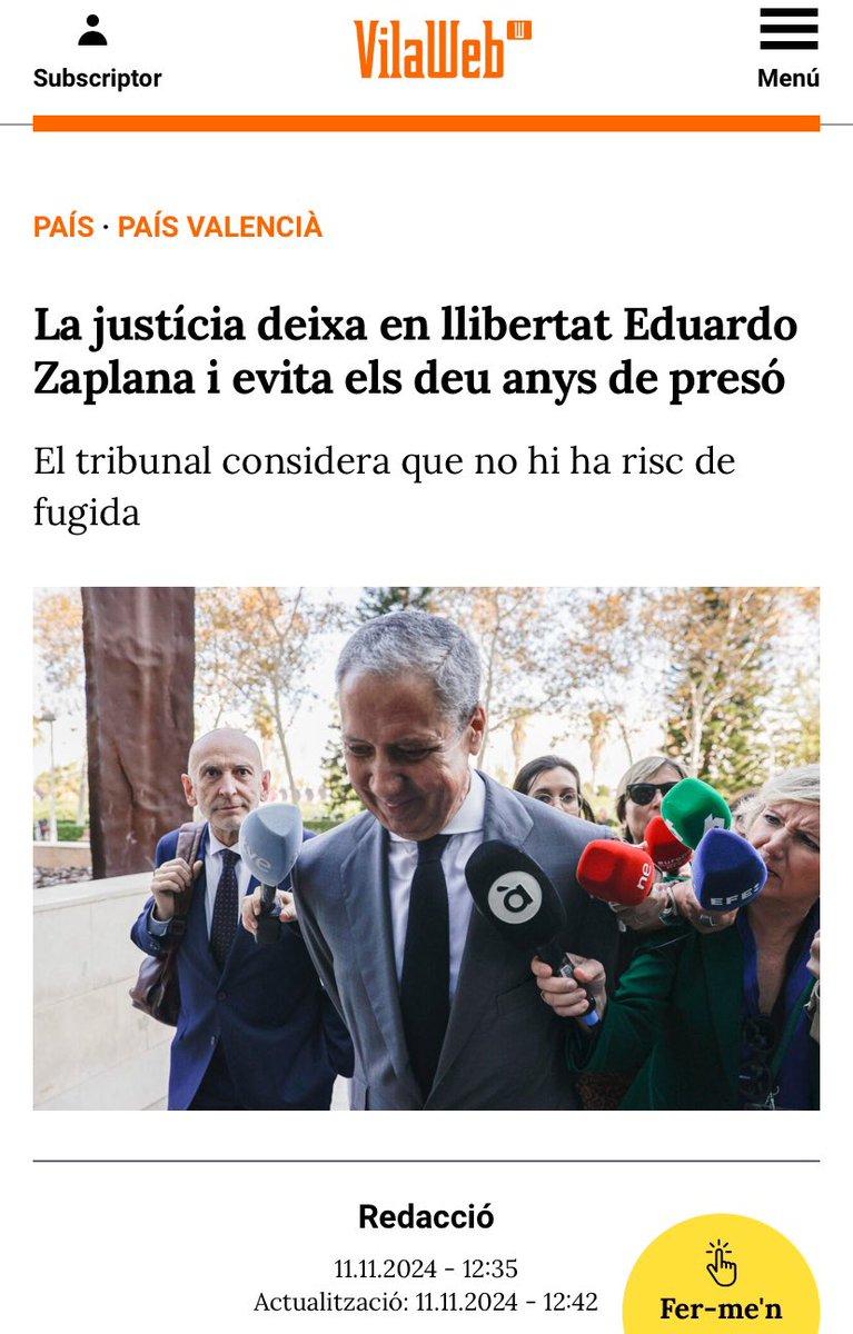 Avui Zaplana , ha tornat a quedar lliure desprès de cinc anys acusat dels delictes de blanqueig de capitals per valor de 4,5M€, suborn, prevaricació, falsedat en document mercantil i organització criminal

Avui , Marcel Vivet ha quedat fora de l’ amnistia per haver participat en