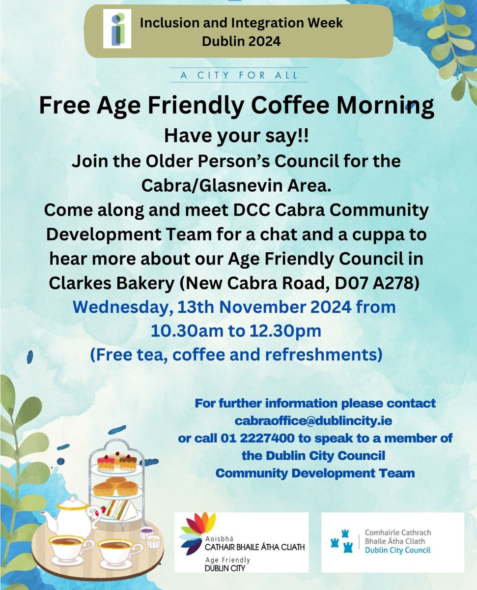 #Cabra #Glasnevin Older Person's Council - Free Coffee morning @agefriendlydcc @dubcitycouncil #haveyoursay #CommunityDevelopment #AgeFriendly  #Inclusion #Integration #positiveageing #wellbeing #empower #mentalhealth #supportingcommunities #communityengagement #futureplanning