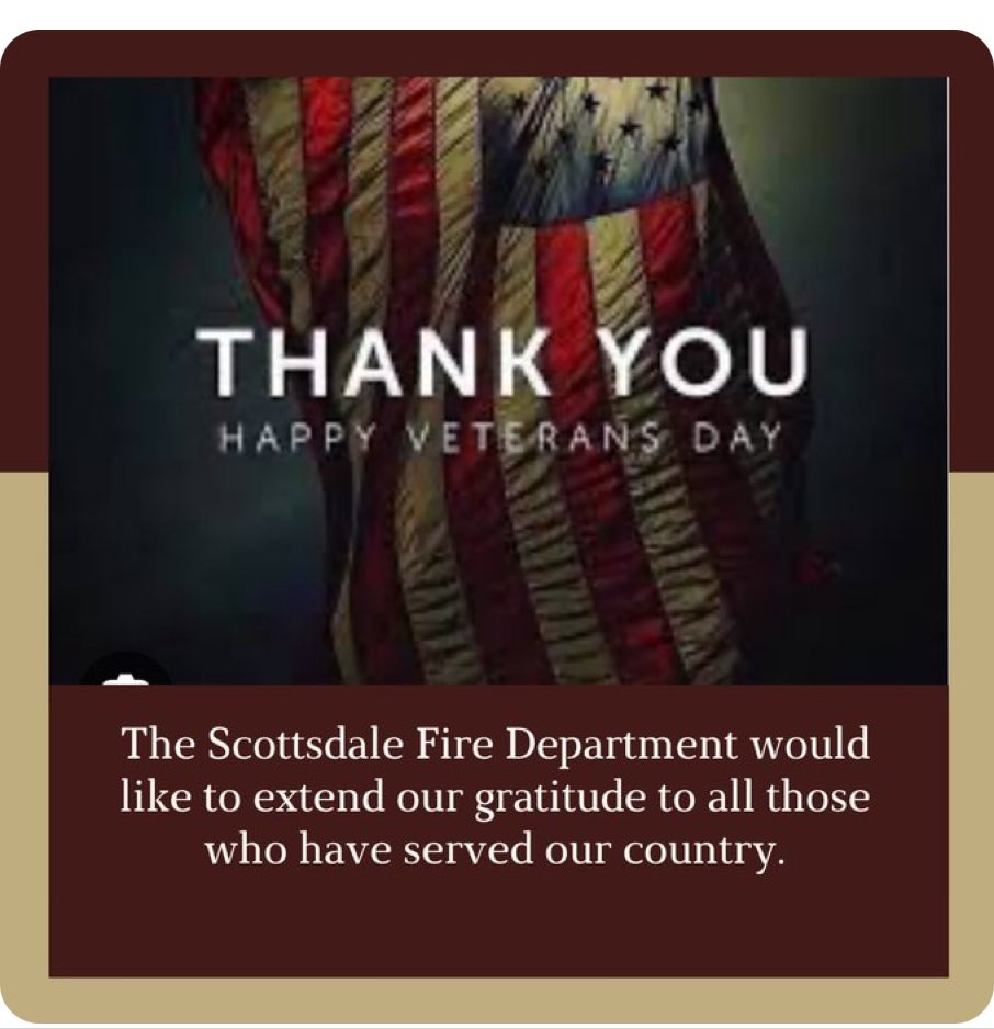 ScottsdaleFire's tweet image. A heartfelt thank you to all the veterans who have served this country. Your dedication, sacrifice, and service are deeply appreciated. On behalf of the Scottsdale Fire Department, we honor your courage and commitment.
#veterans #sacrifice #wecareforyou #firefighters #thankyou