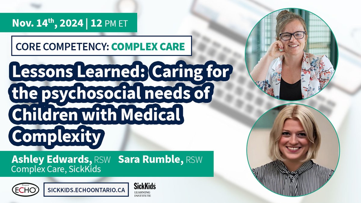 Paediatric Project ECHO (@echopaeds) on Twitter photo #PrimaryCare providers/#HCPs, join Ashley Edwards and Sara Rumble, RSWs in Complex Care <a href="/SickKidsNews/">The Hospital for Sick Children (SickKids)</a> to discuss:
"Lessons Learned: Caring for the psychosocial needs of children with medical complexity"
🗓️Nov. 14 | 12-2pm
Register⤵️
echo.zoom.us/meeting/regist…
#CMECredits #PrimaryCare providers/#HCPs, join Ashley Edwards and Sara Rumble, RSWs in Complex Care <a href="/SickKidsNews/">The Hospital for Sick Children (SickKids)</a> to discuss:
"Lessons Learned: Caring for the psychosocial needs of children with medical complexity"
🗓️Nov. 14 | 12-2pm
Register⤵️
echo.zoom.us/meeting/regist…
#CMECredits