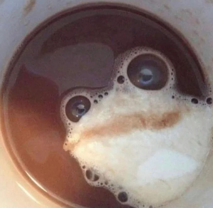 Ive been admittedly busy these days on a crusade for the Jewish people. Im going to try and post more here, but it will be exclusively personal things vs my 'work' account <a href="/dancantstream/">Dan Saltman</a> which is focused on podcast/streaming/etc.

Heres a pic of a frog in coffee to start us off